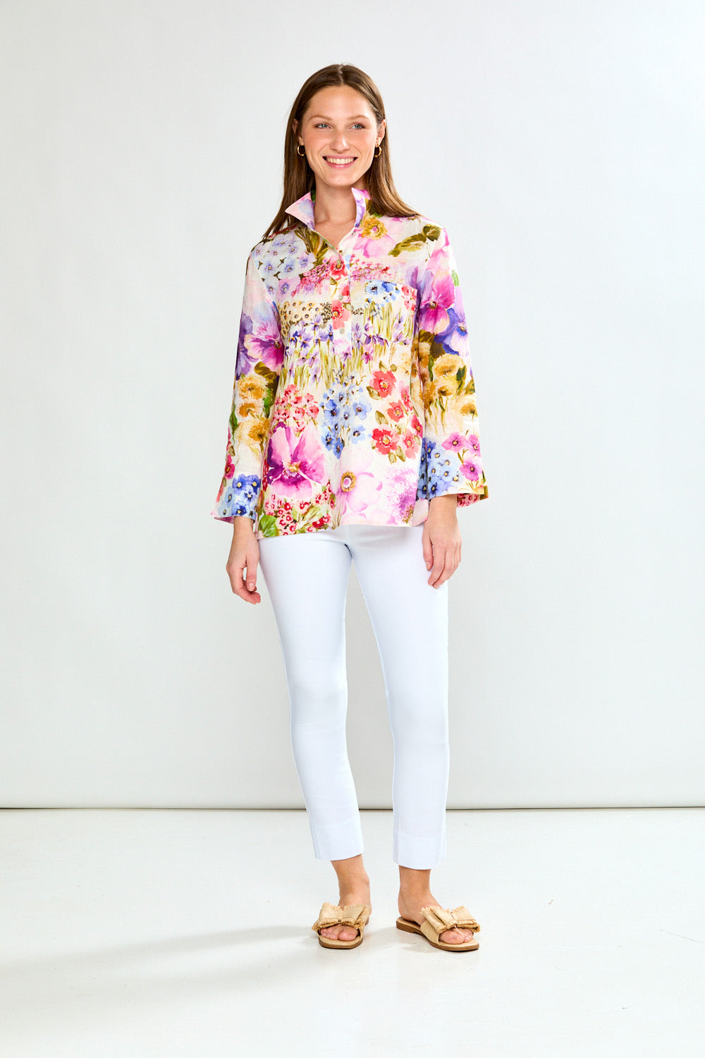 Linen Top W/Front Placket & Stand Collar