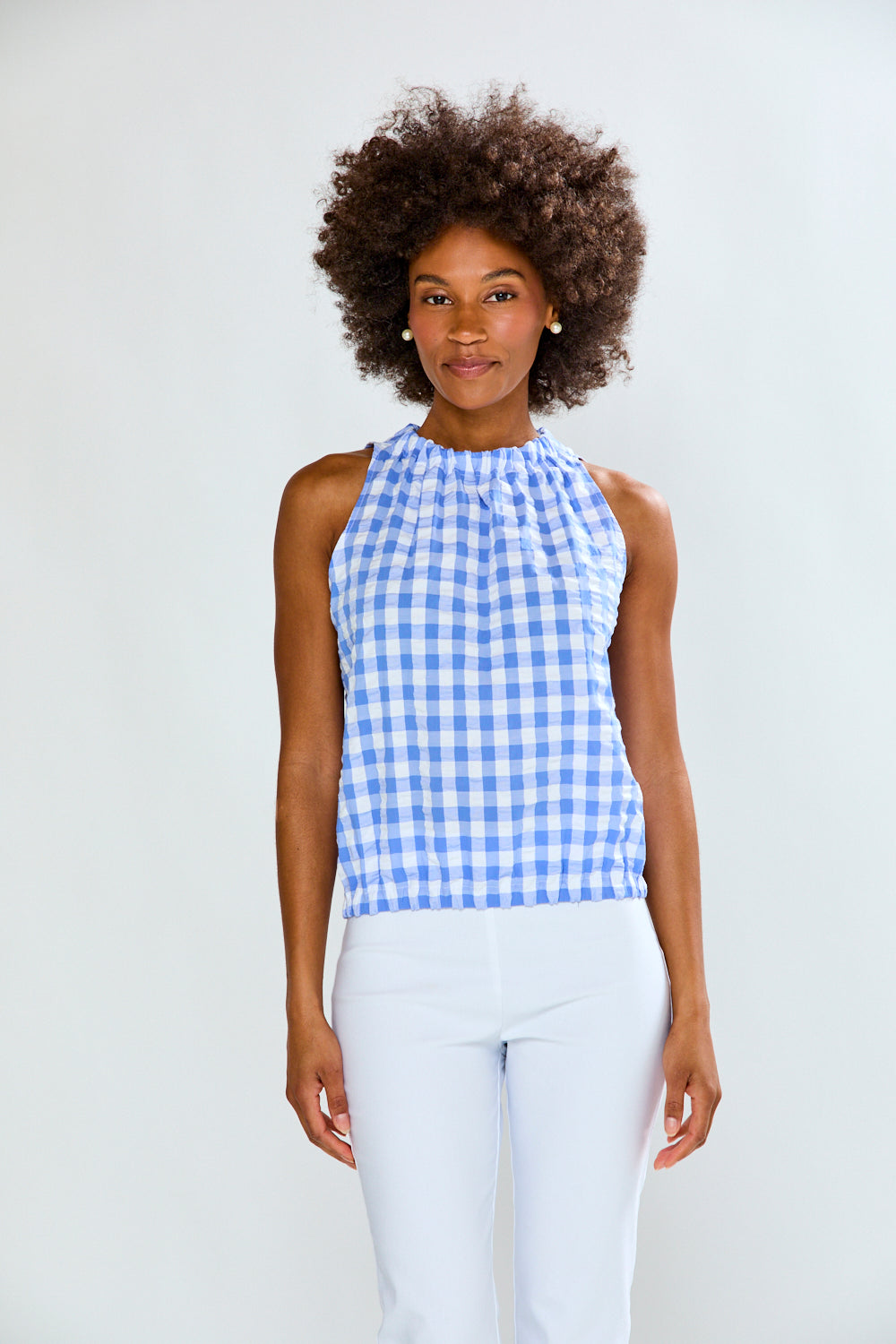 Woman in gingham top
