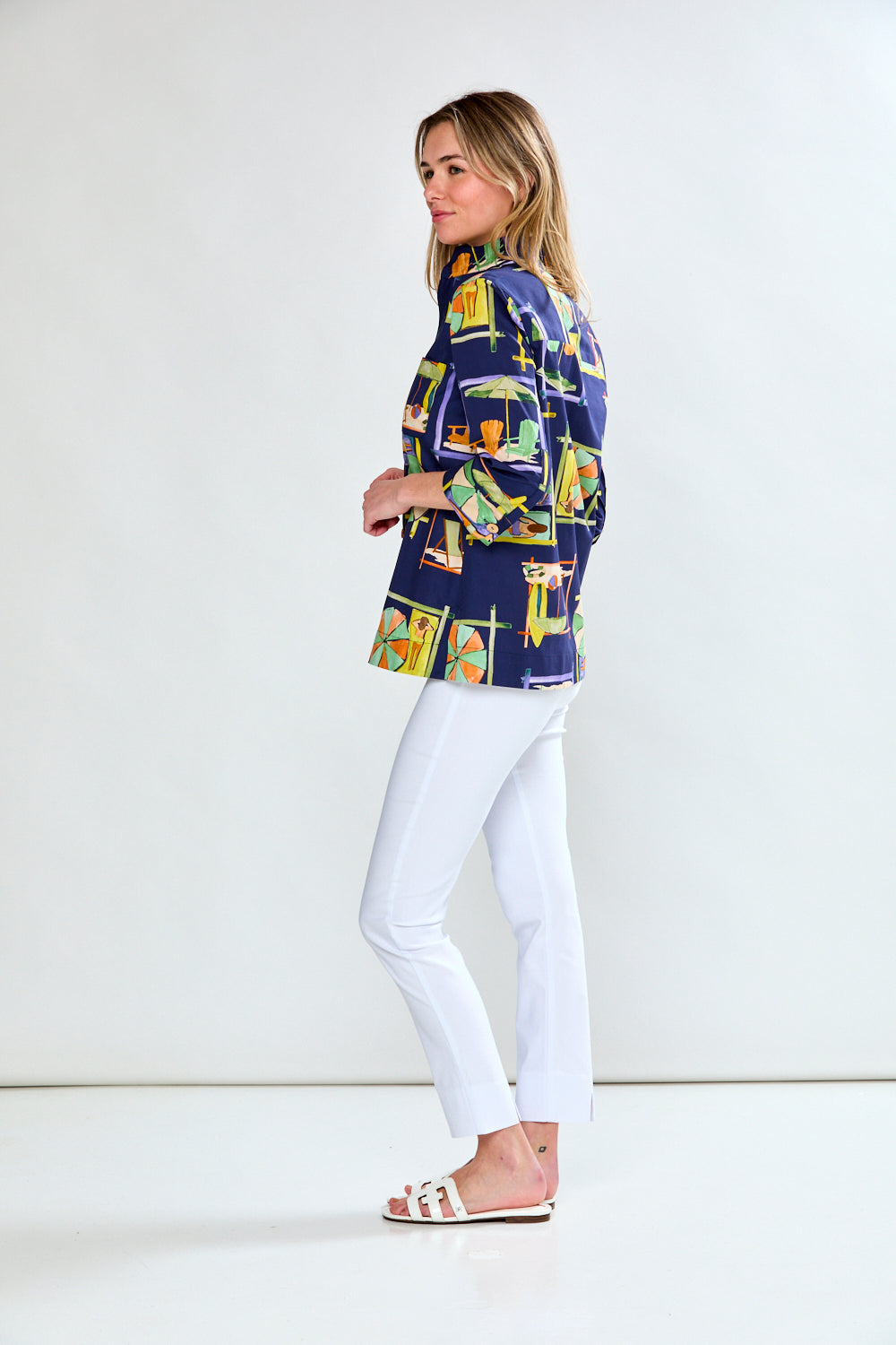 Woman in navy printed blouse