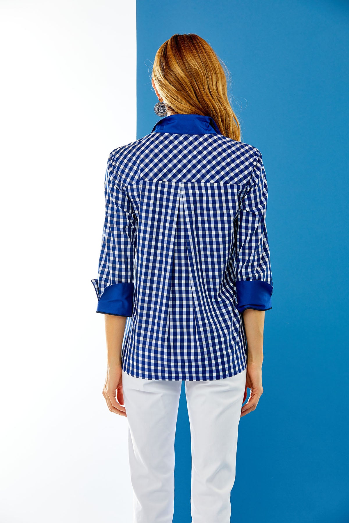 Woman in royal gingham top