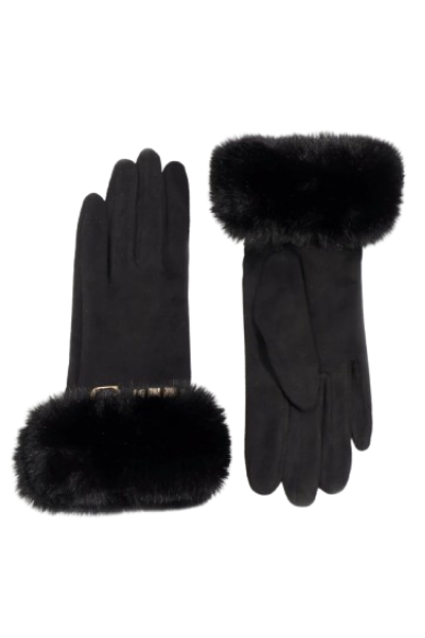 Black gloves with fur cuffs on a white background