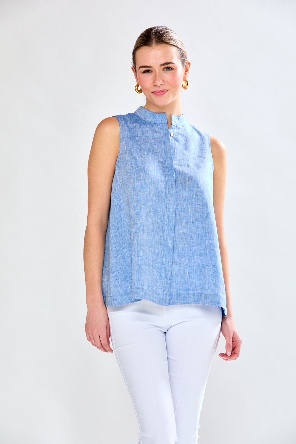 Woman in chambray linen top