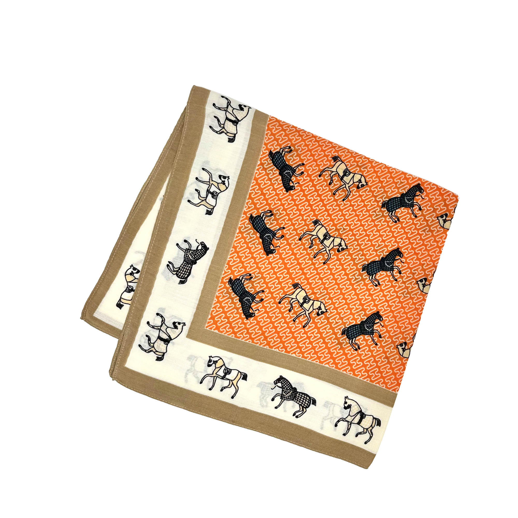 Two fabric swatches with horse patterns on a white background