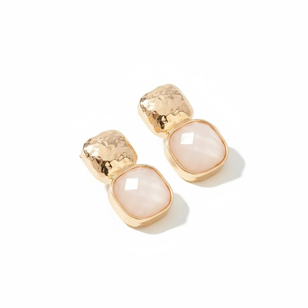 Hammered Metal Square Stone Earrings