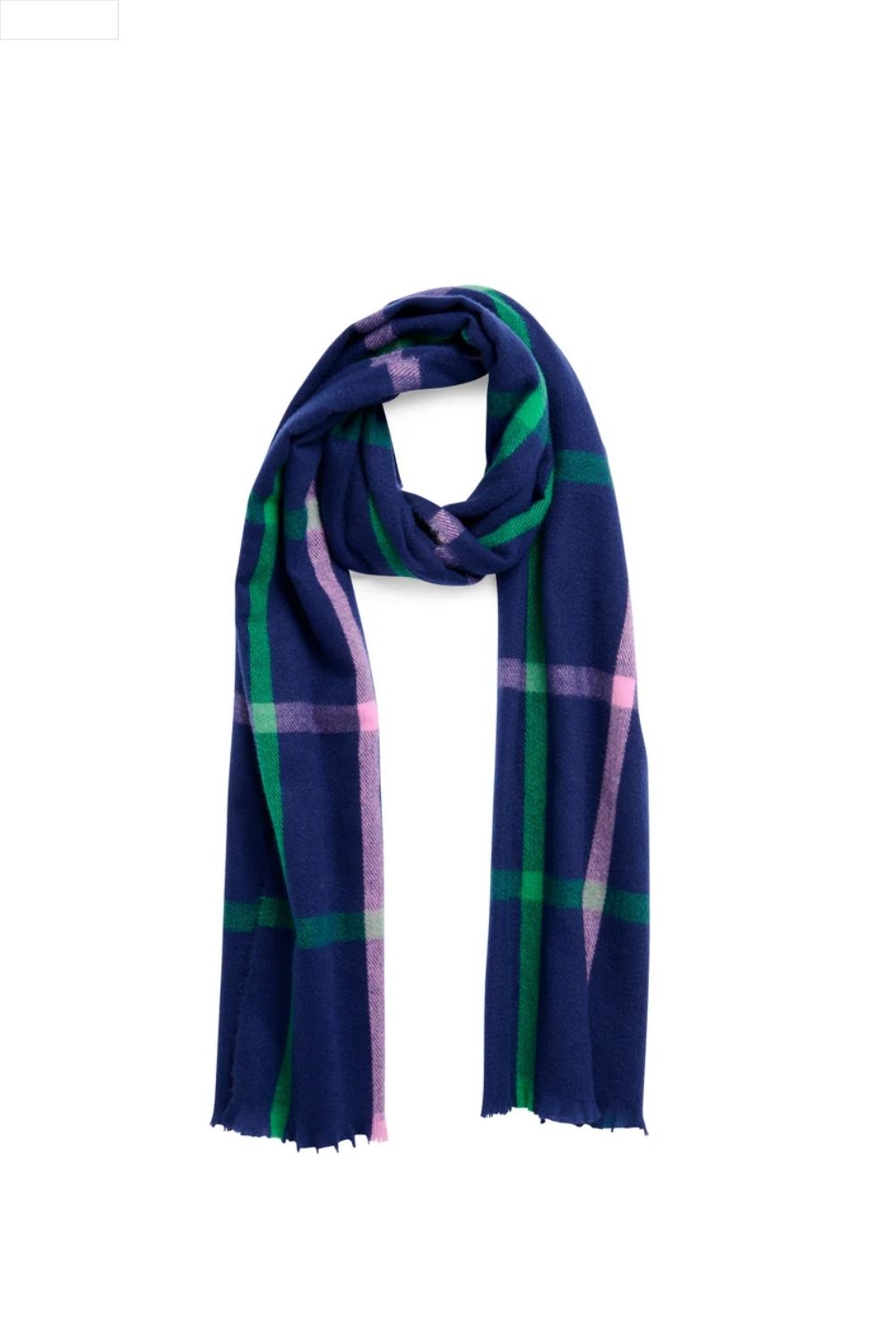 Navy blue plaid scarf with green and pink accents on a white background