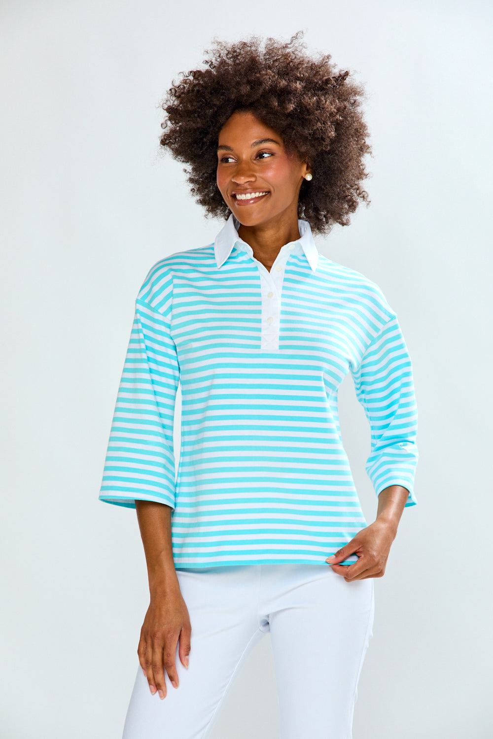 Woman in Aqua & White Stripe Top