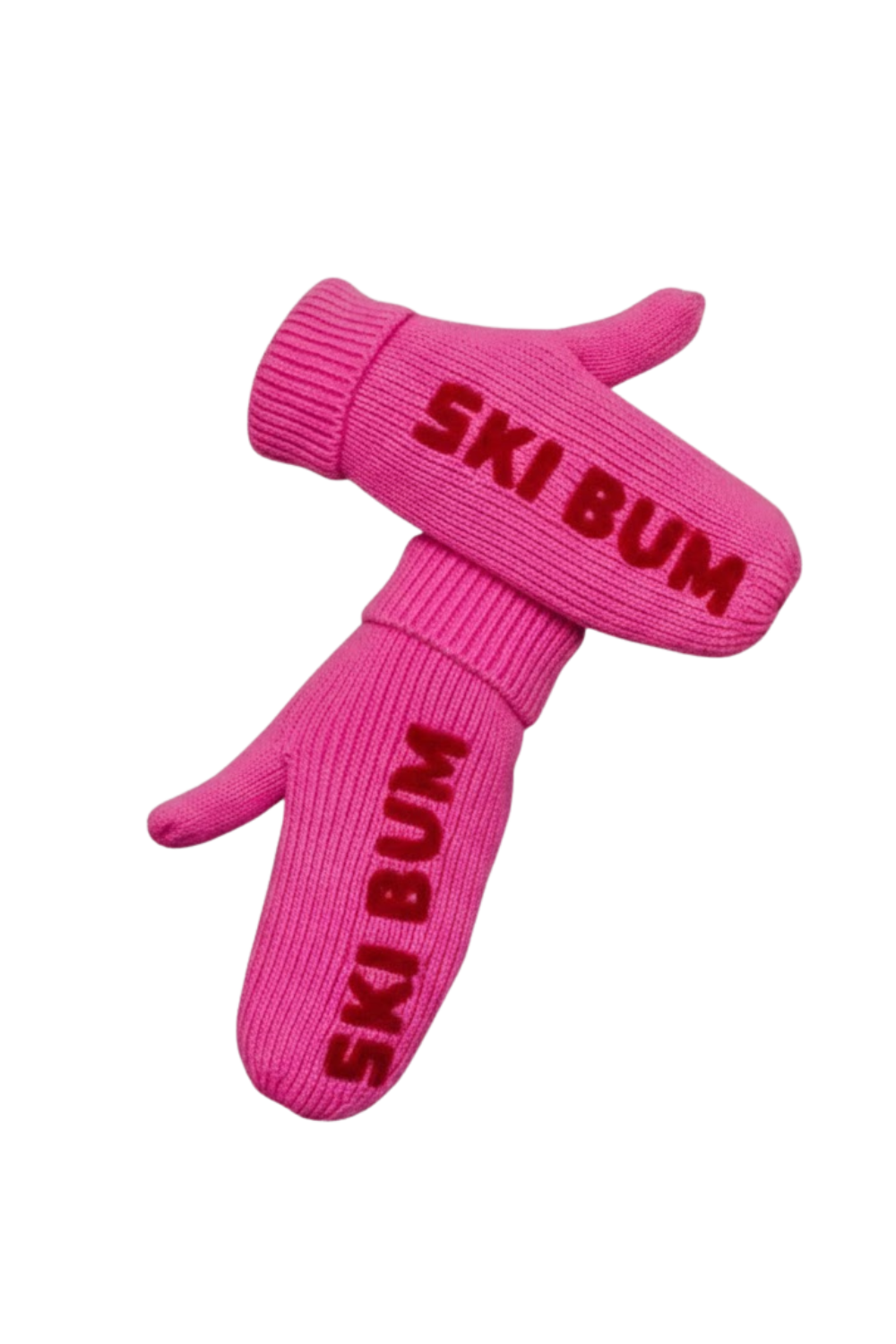Pink ski mittens with 'Ski Bum' text on a white background