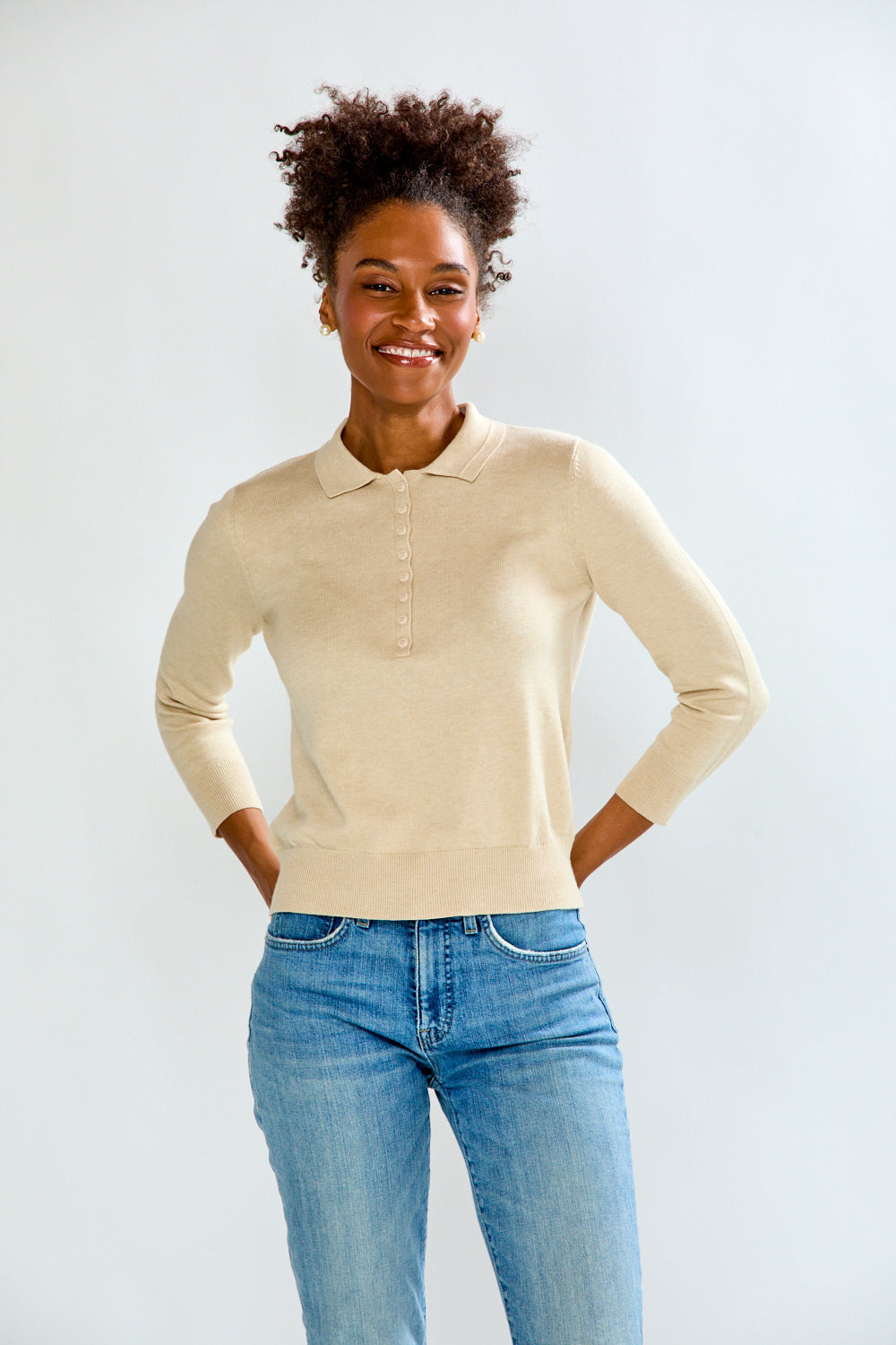 Woman wearing 3/4 Sleeve Henley Pullover