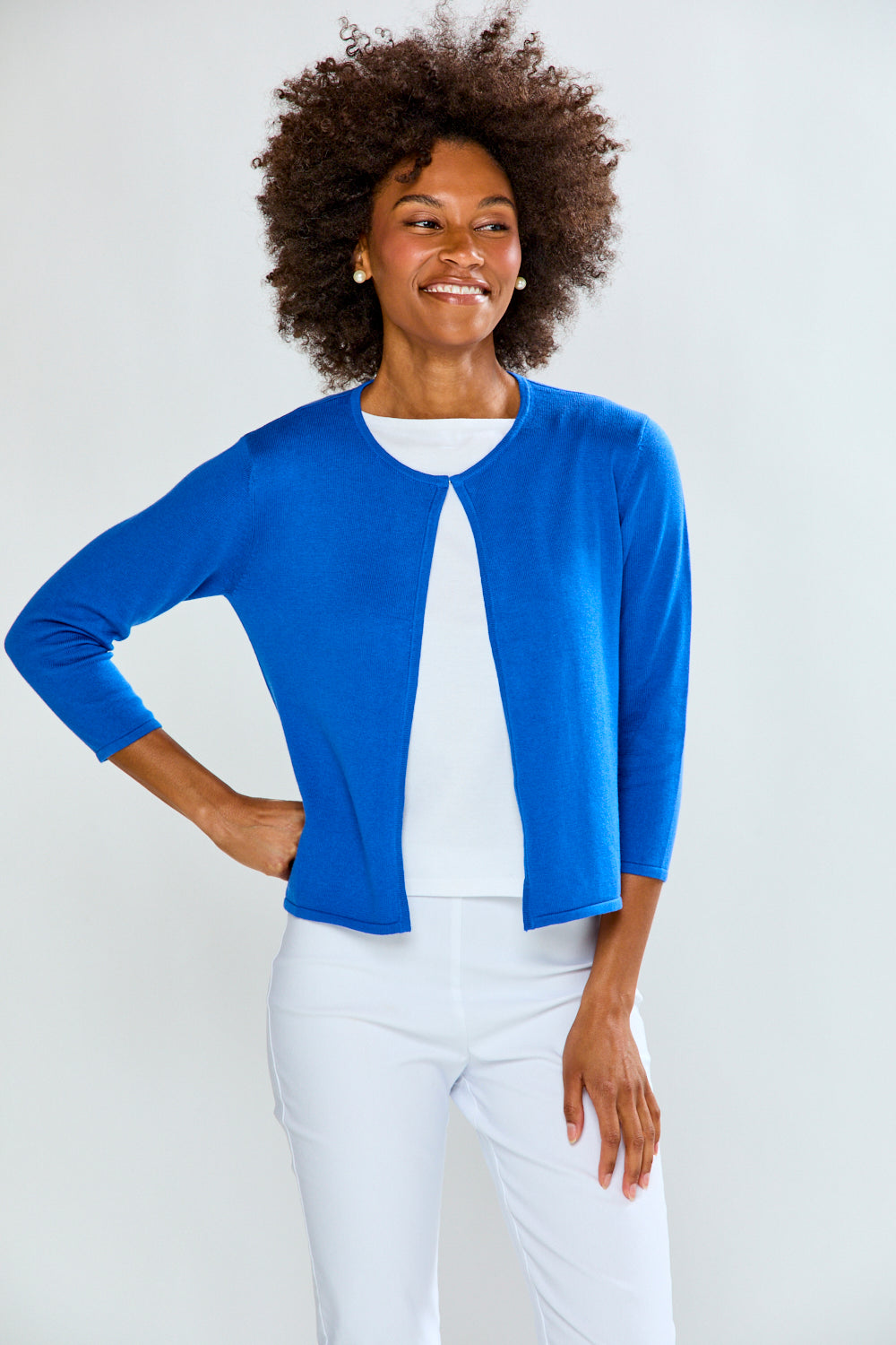 Woman wearing Open Front Cardigan in Black