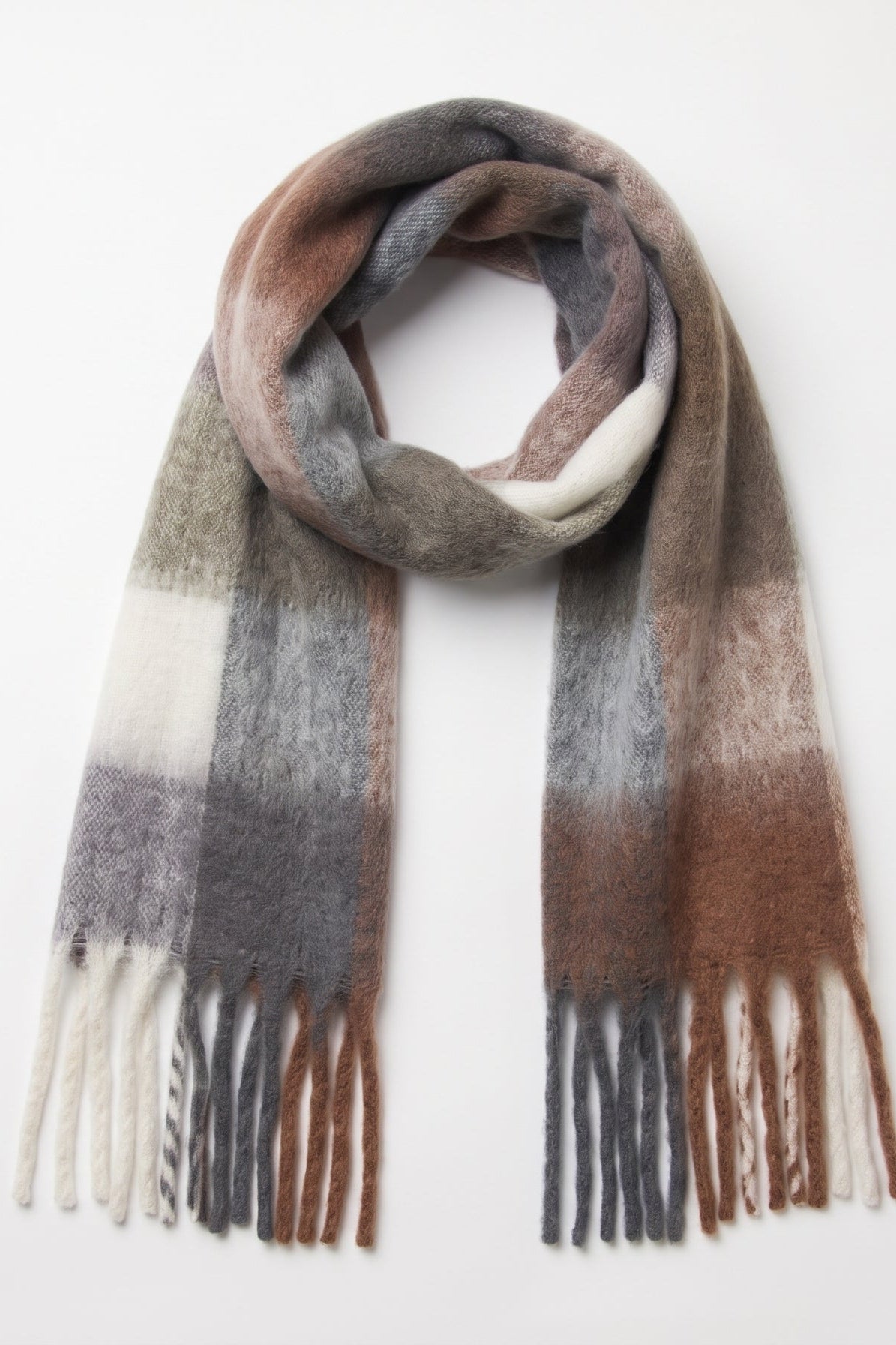 A soft knit scarf with a muted plaid pattern in brown, gray, beige, and off-white, featuring fringed ends, displayed against a clean white background.
