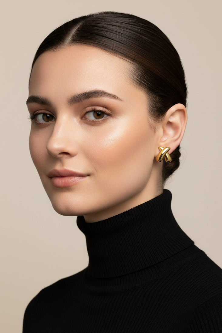 Woman wearing a black turtleneck and gold stud earrings