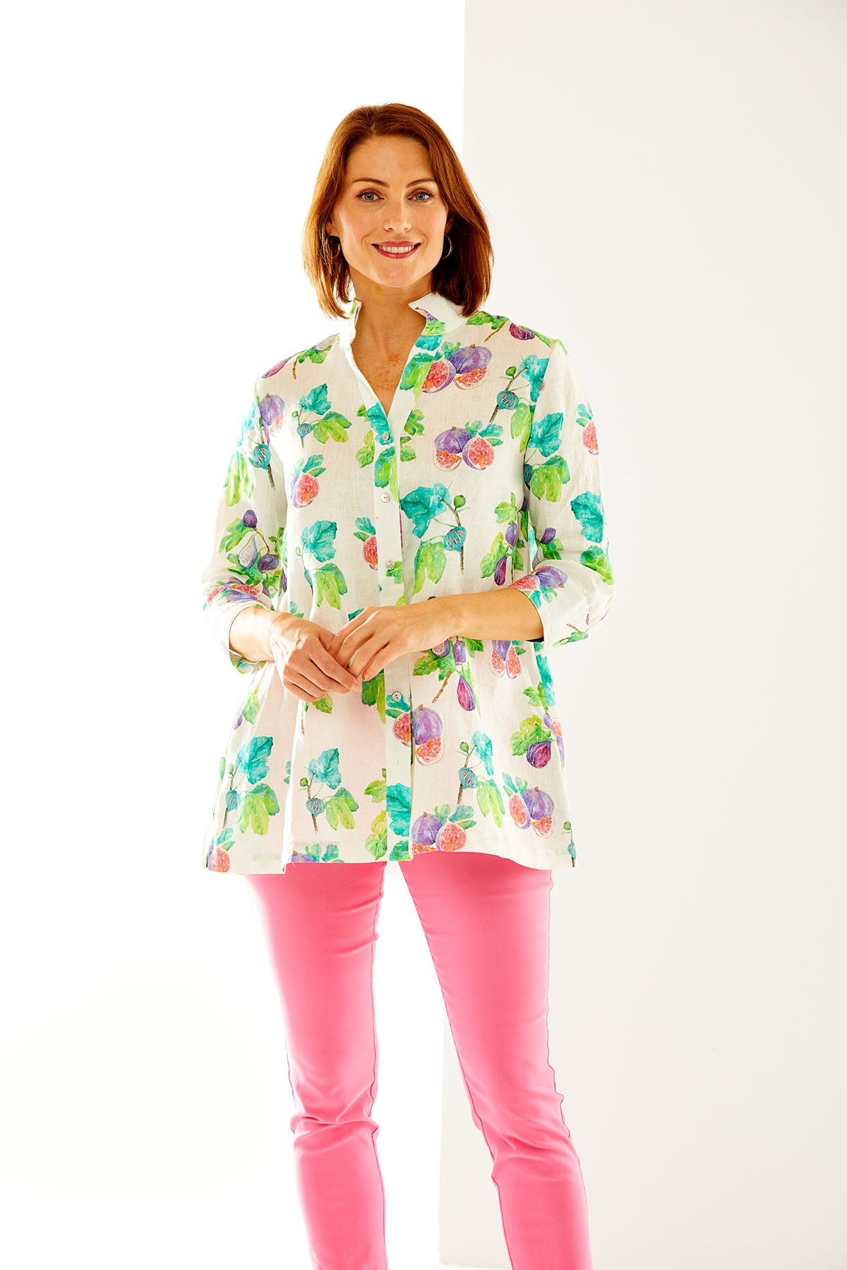 Woman in floral linen tunic