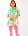 Woman in floral linen tunic