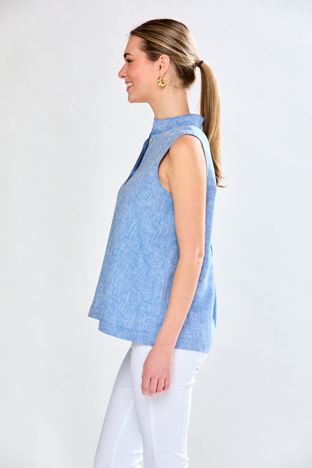 Woman in chambray linen top