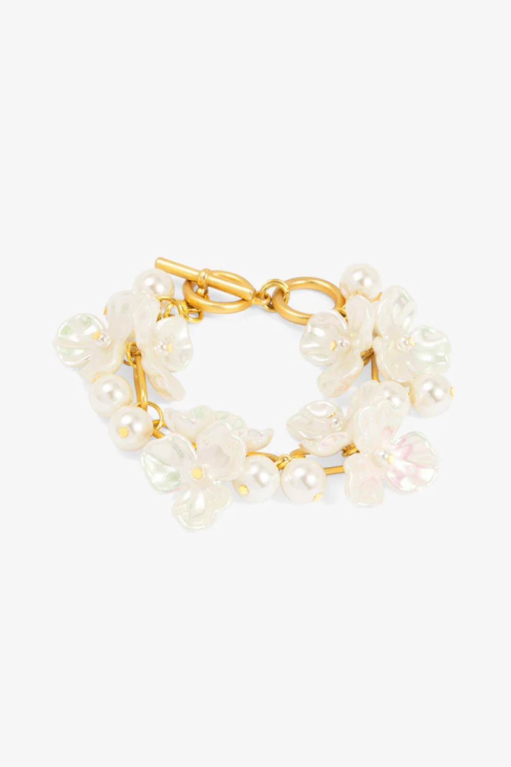 Gold bracelet with pearl-like beads on a white background