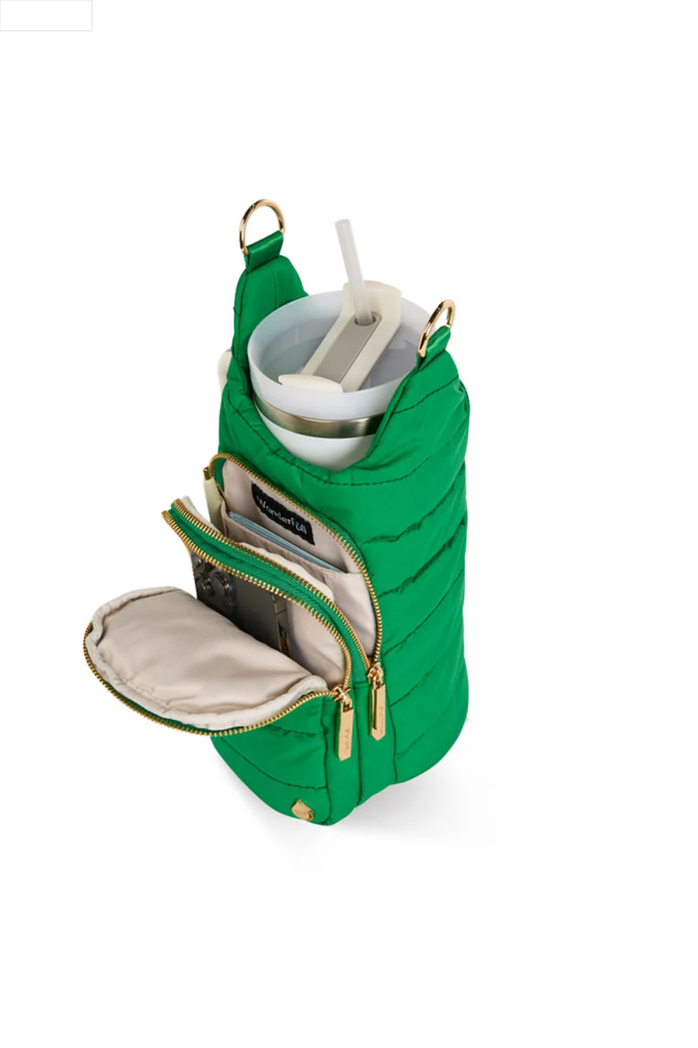 Kelly green puffer water bottle bag on a white background