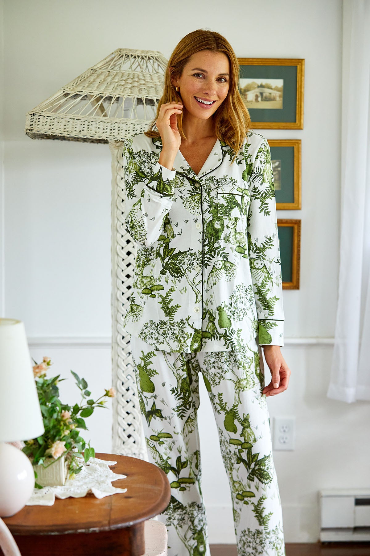 Woman in green and white long pajamas