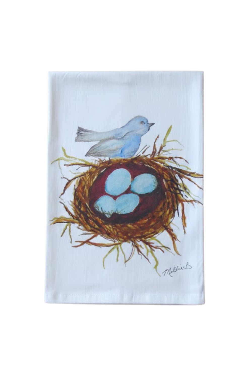 Festive towel with a design of a bird and nest on a white background