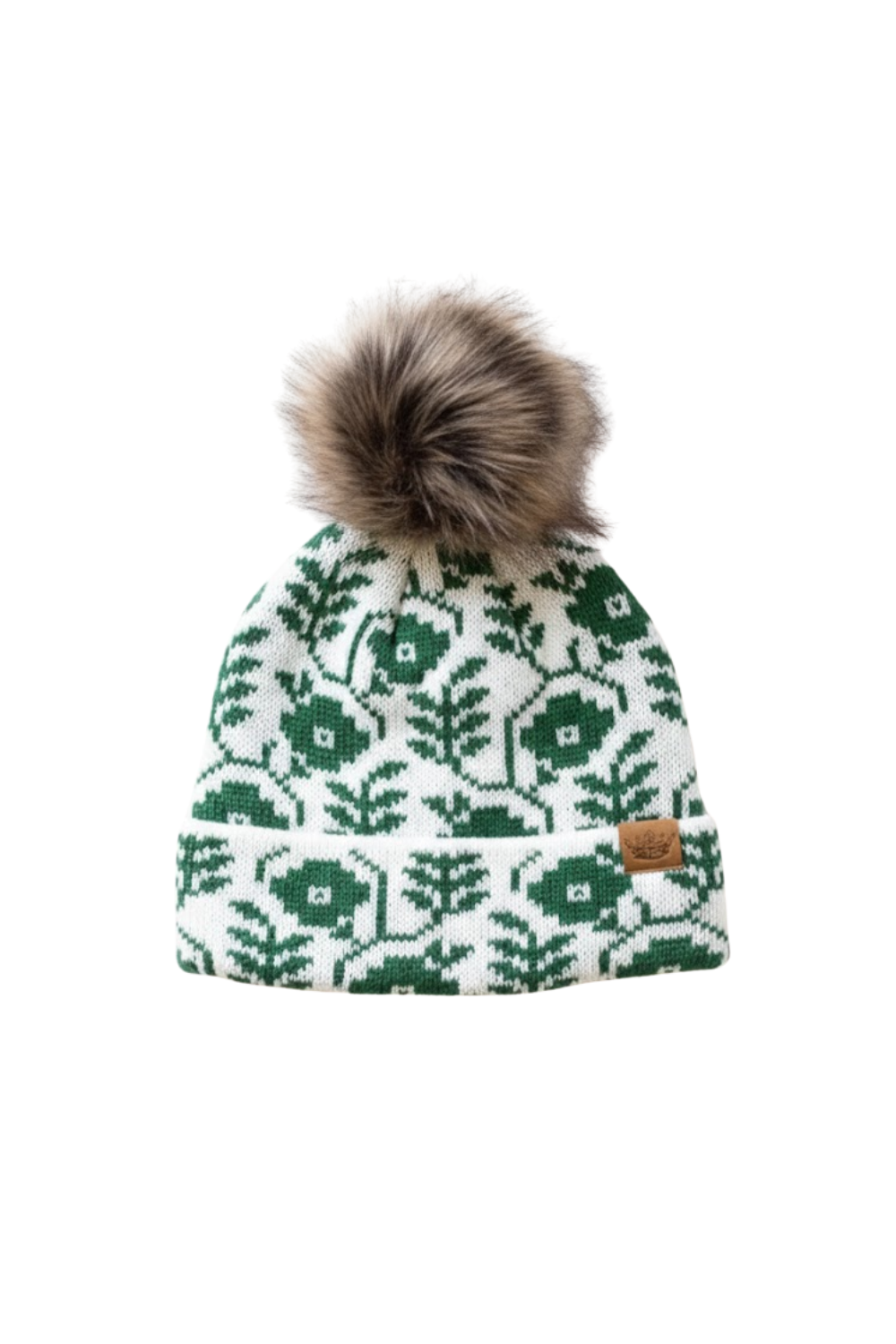Green and white patterned beanie with a brown pom-pom on a white background