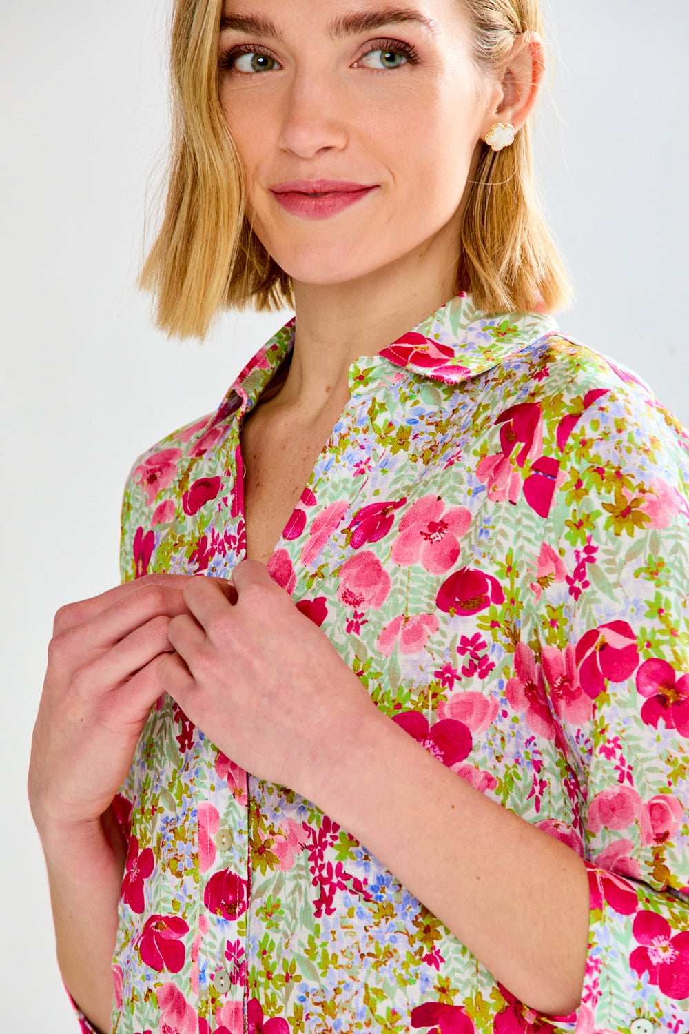 Woman in floral linen dress