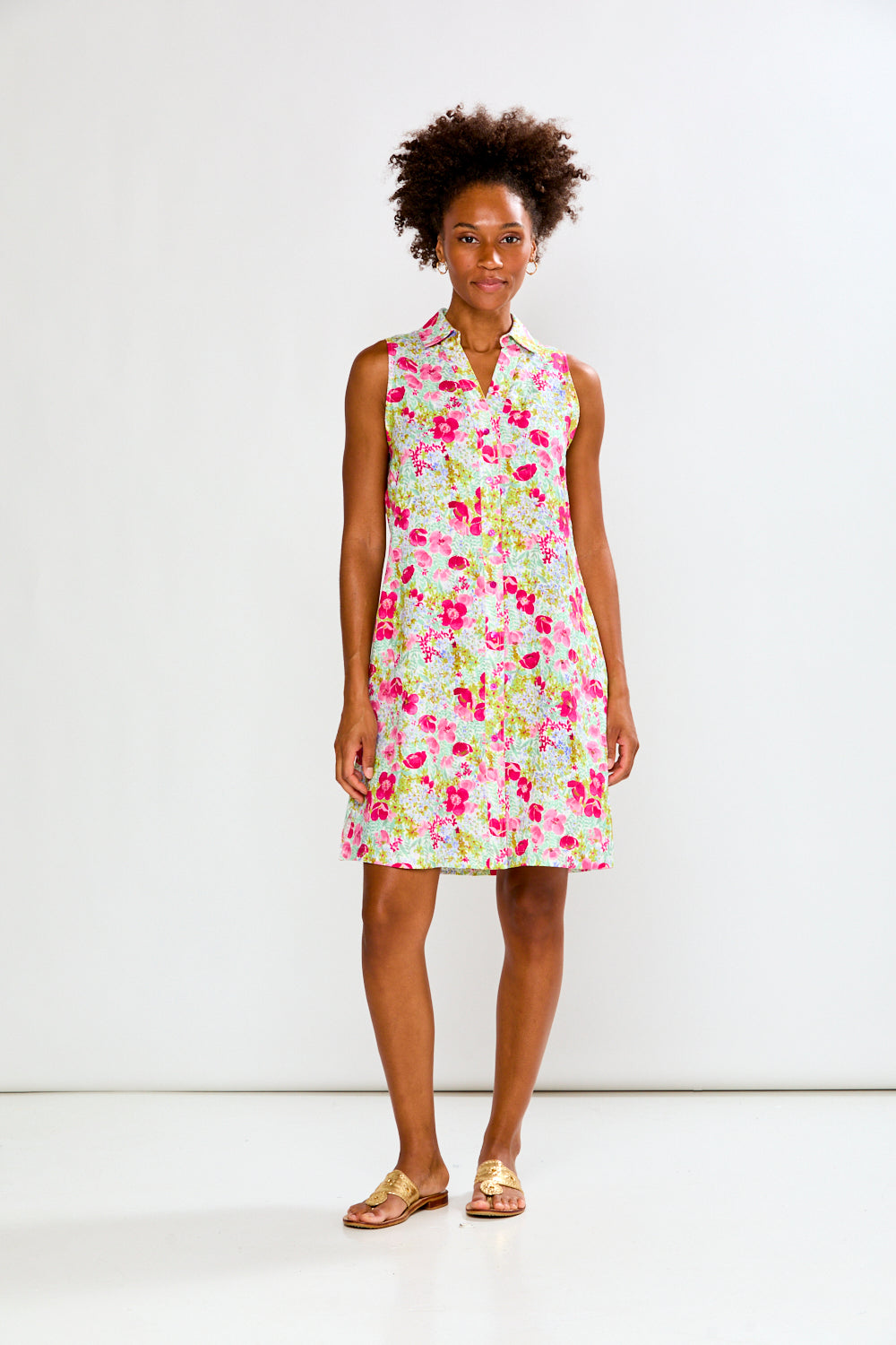Woman wearing The Sleeveless Bea Dress in Poppies Meadow