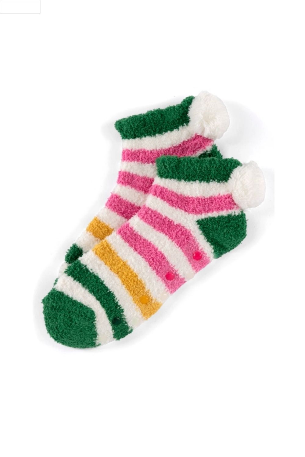 Colorful striped socks with fuzzy texture on a white background