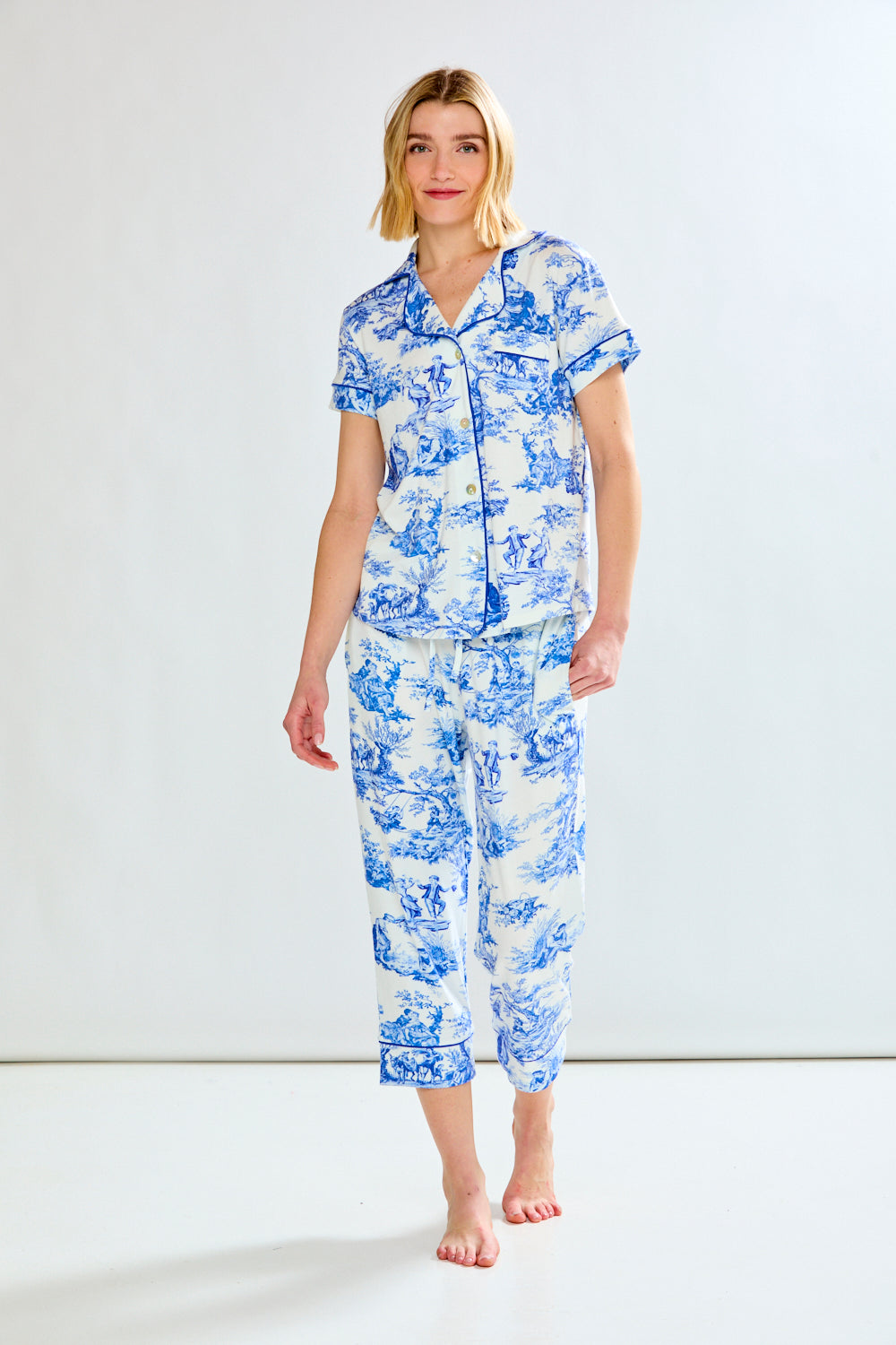Woman in blue toile pajamas