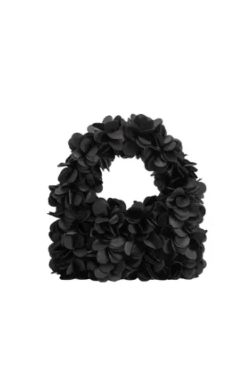 Black floral handbag on a white background