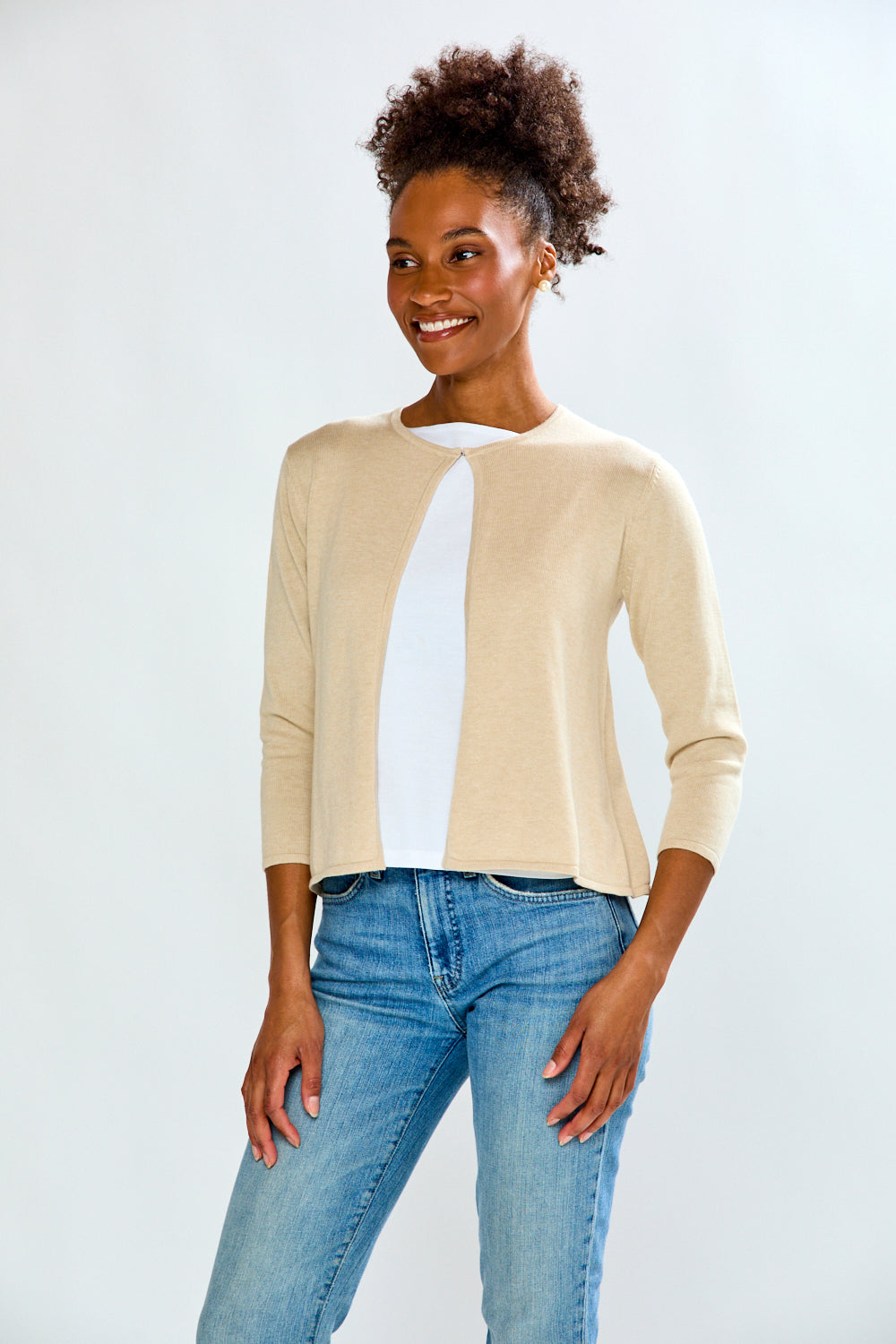Woman wearing Open Front Cardigan