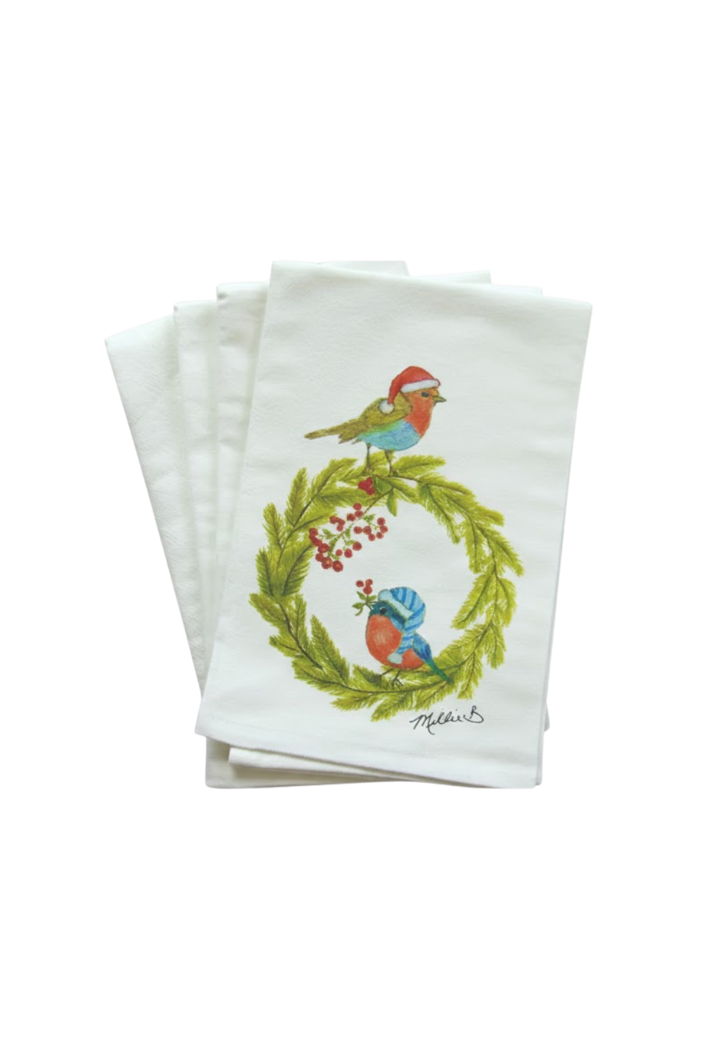 Set of embroidered napkins with bird and wreath designs on a white background