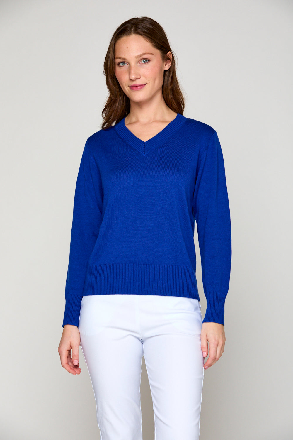 Woman in v neck sweater