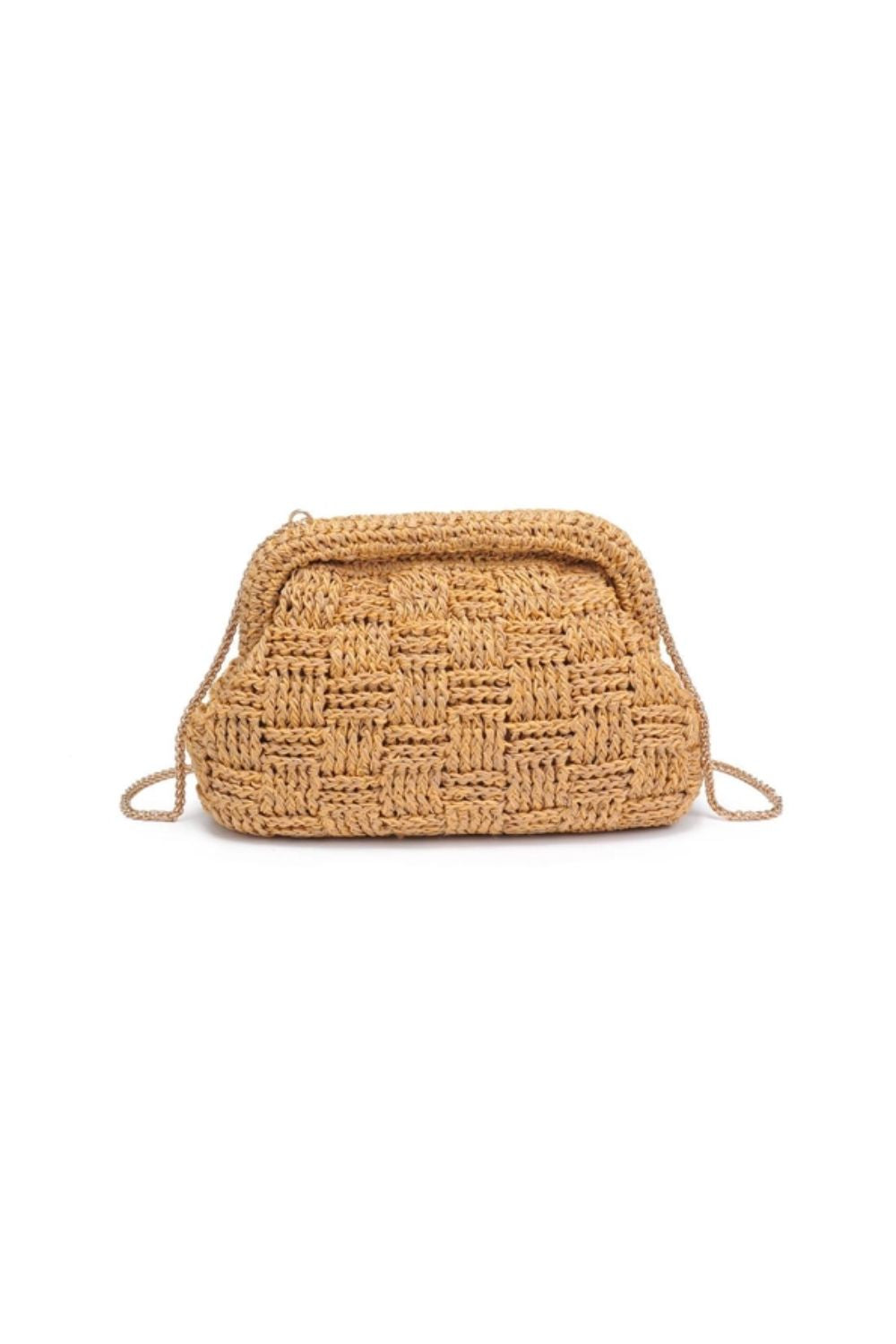 A neutral  woven clutch with a snap frame closure, gold hardware, and a chain strap.