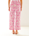 Woman in pink and white printed pant