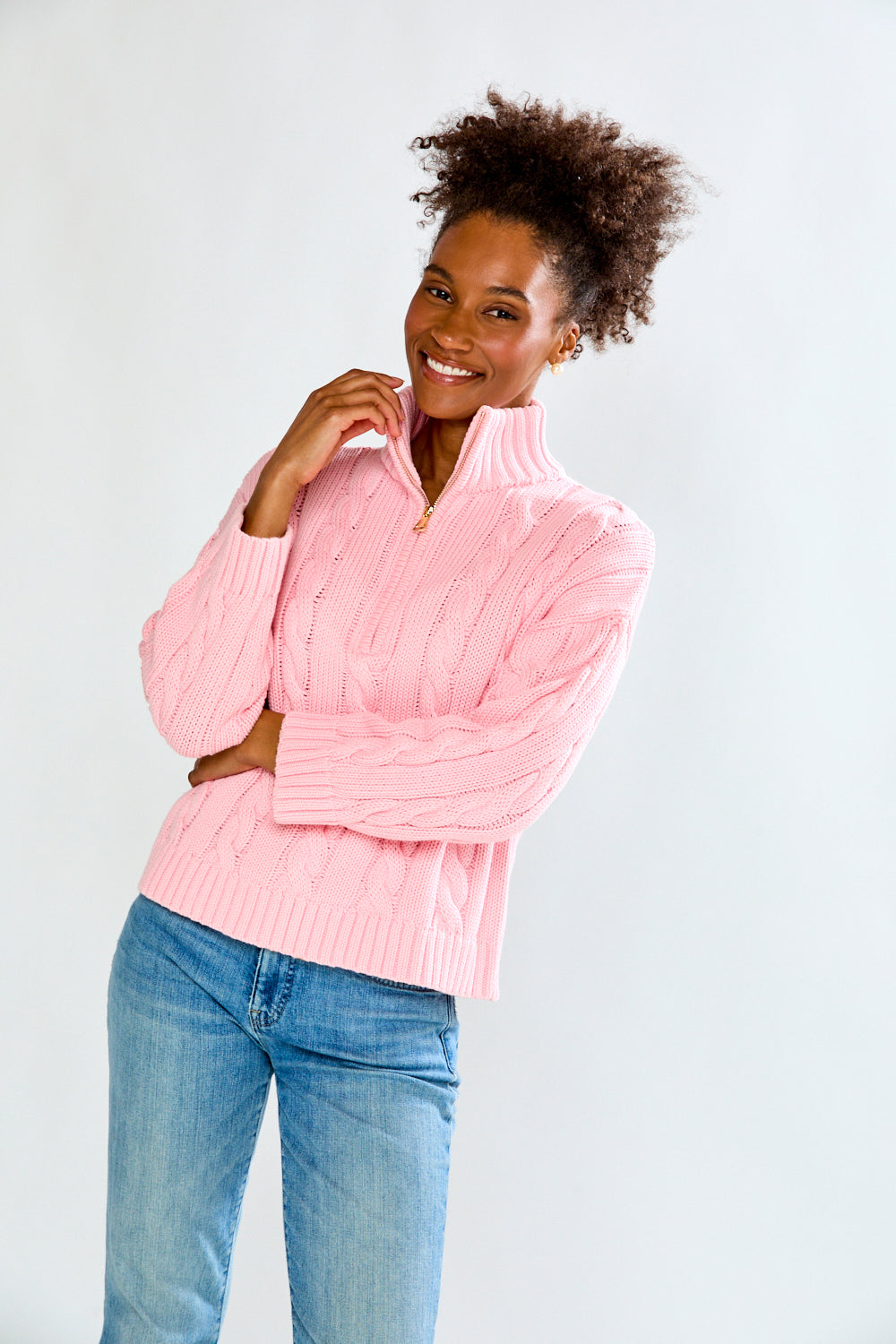 Woman wearing Cotton Cable Quarter Zip
