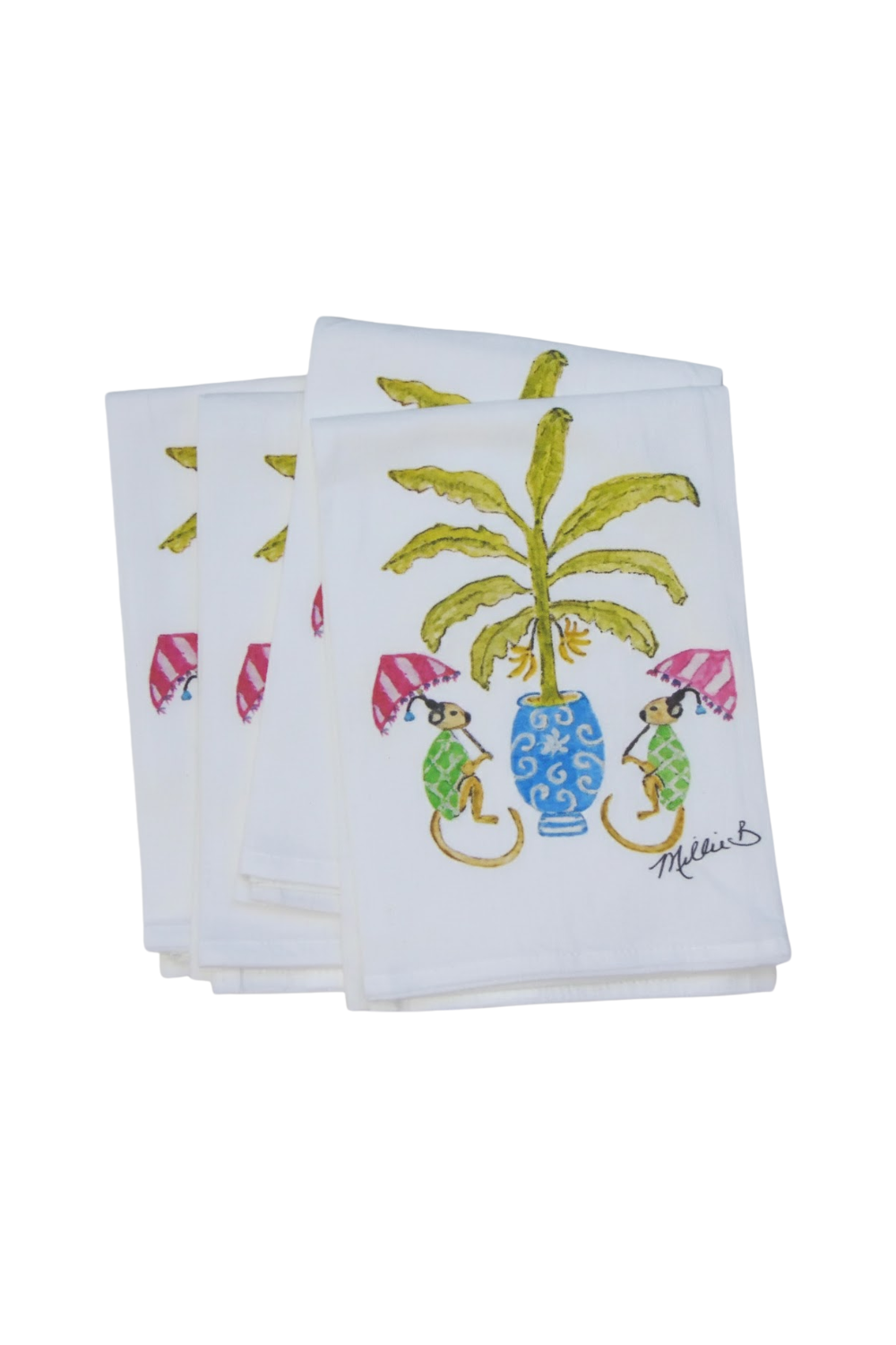 Set of folded napkins with a palm tree and monkey design on a white background