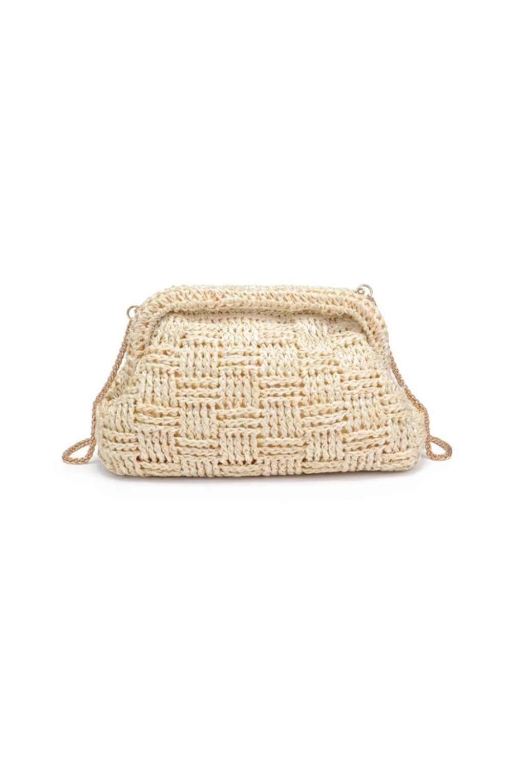 A beige woven clutch with a snap frame closure, gold hardware, and a chain strap.