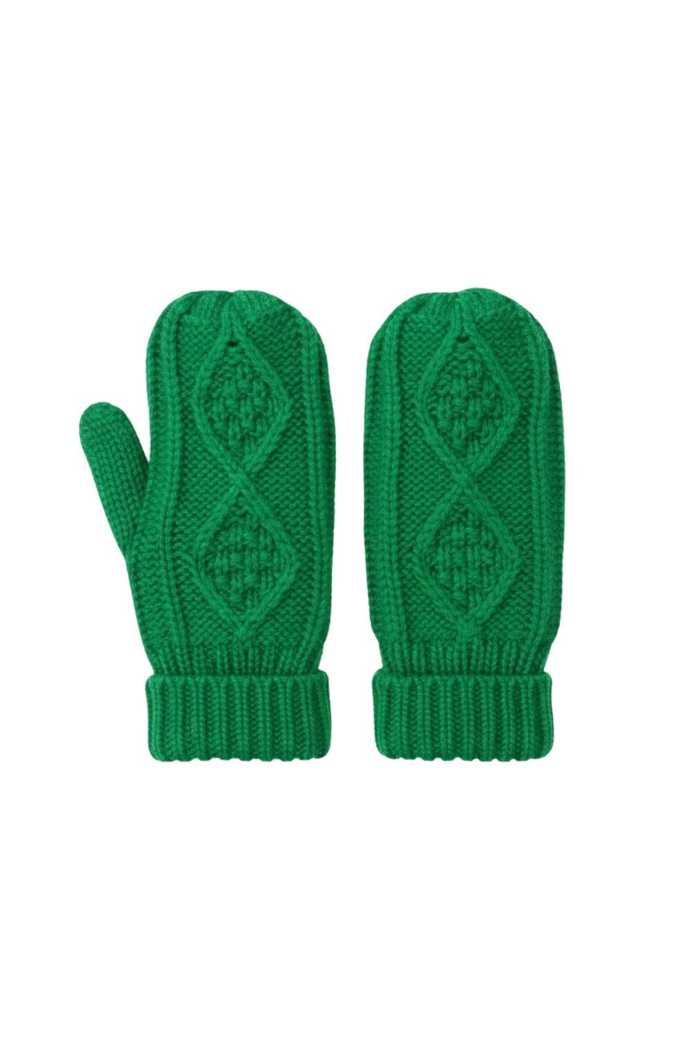 Pair of green mittens with a geometric pattern on a white background