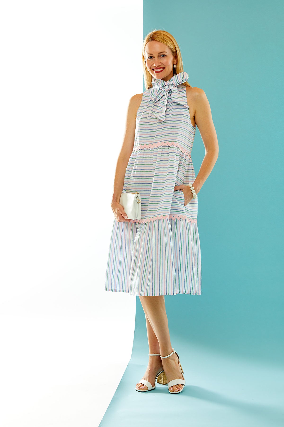 Woman in striped Brooklyn Dress