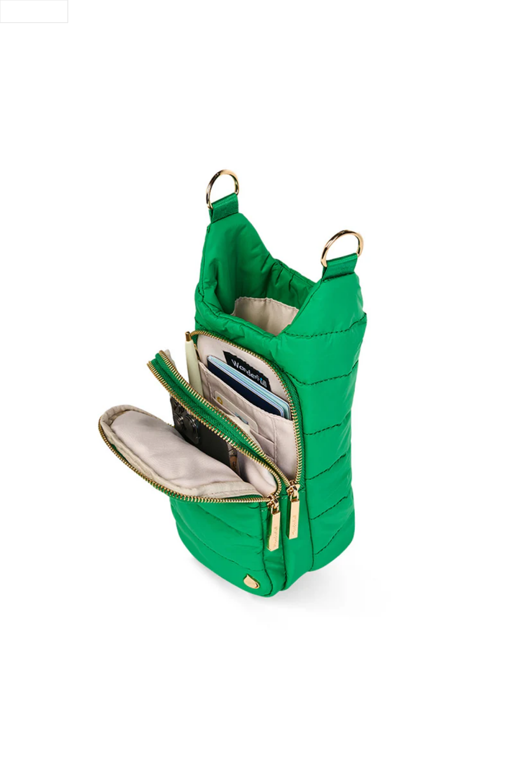 Green quilted handbag with a strap on a white background