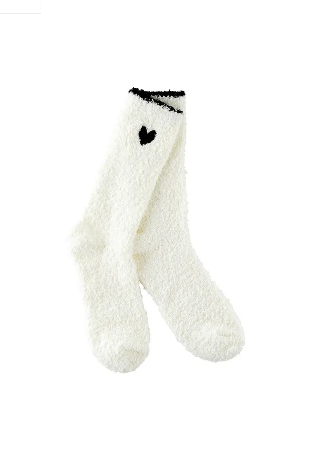 Pair of white fuzzy socks with black accents on a white background