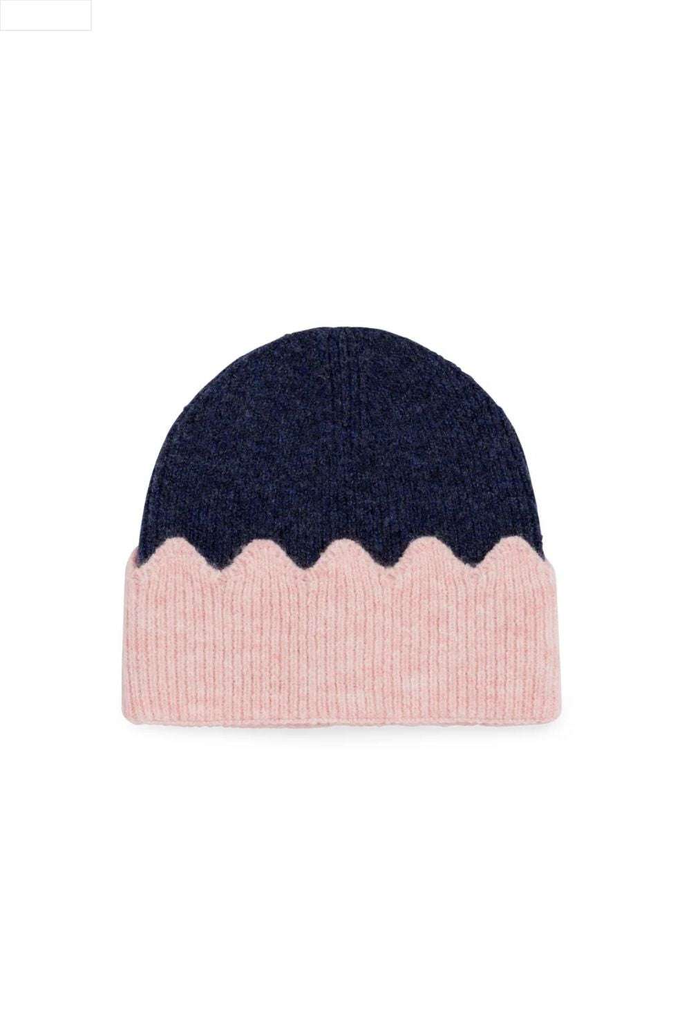 Navy and pink beanie hat on a white background