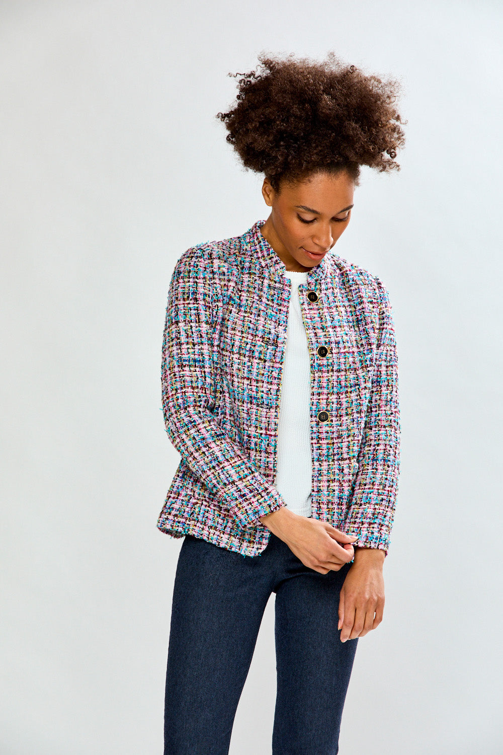 Woman in tweed jacket