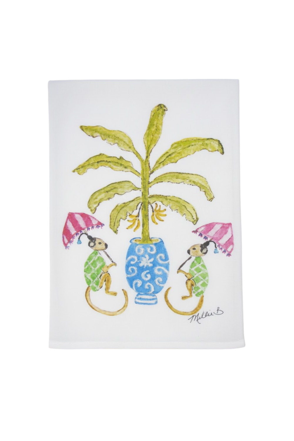 Decorative towel with two monkeys and a palm tree design on a white background