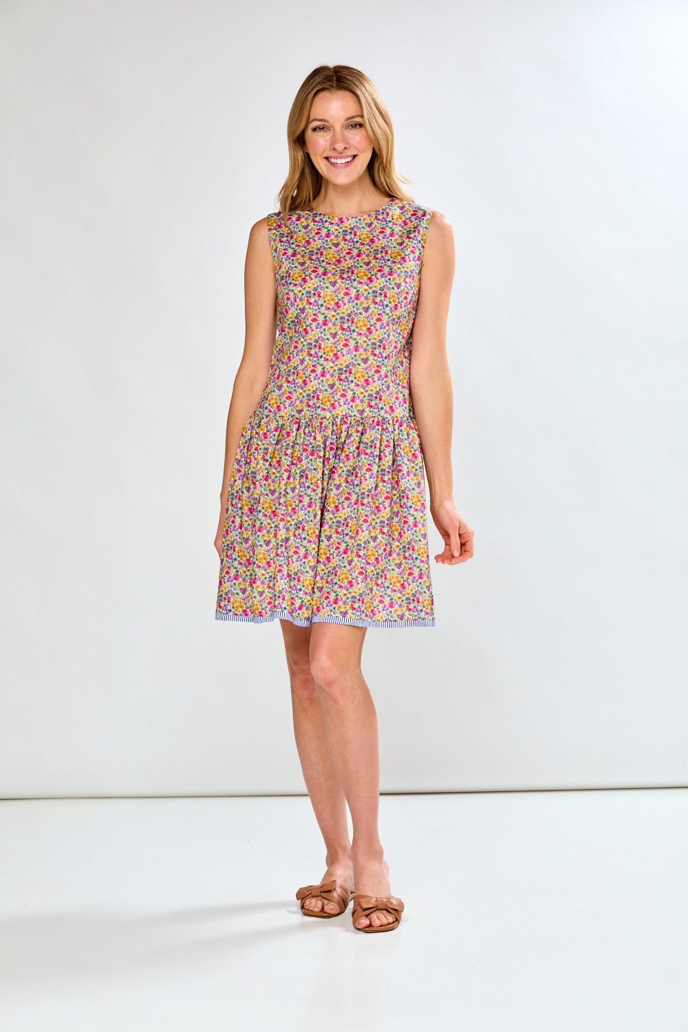 Woman in floral print dress