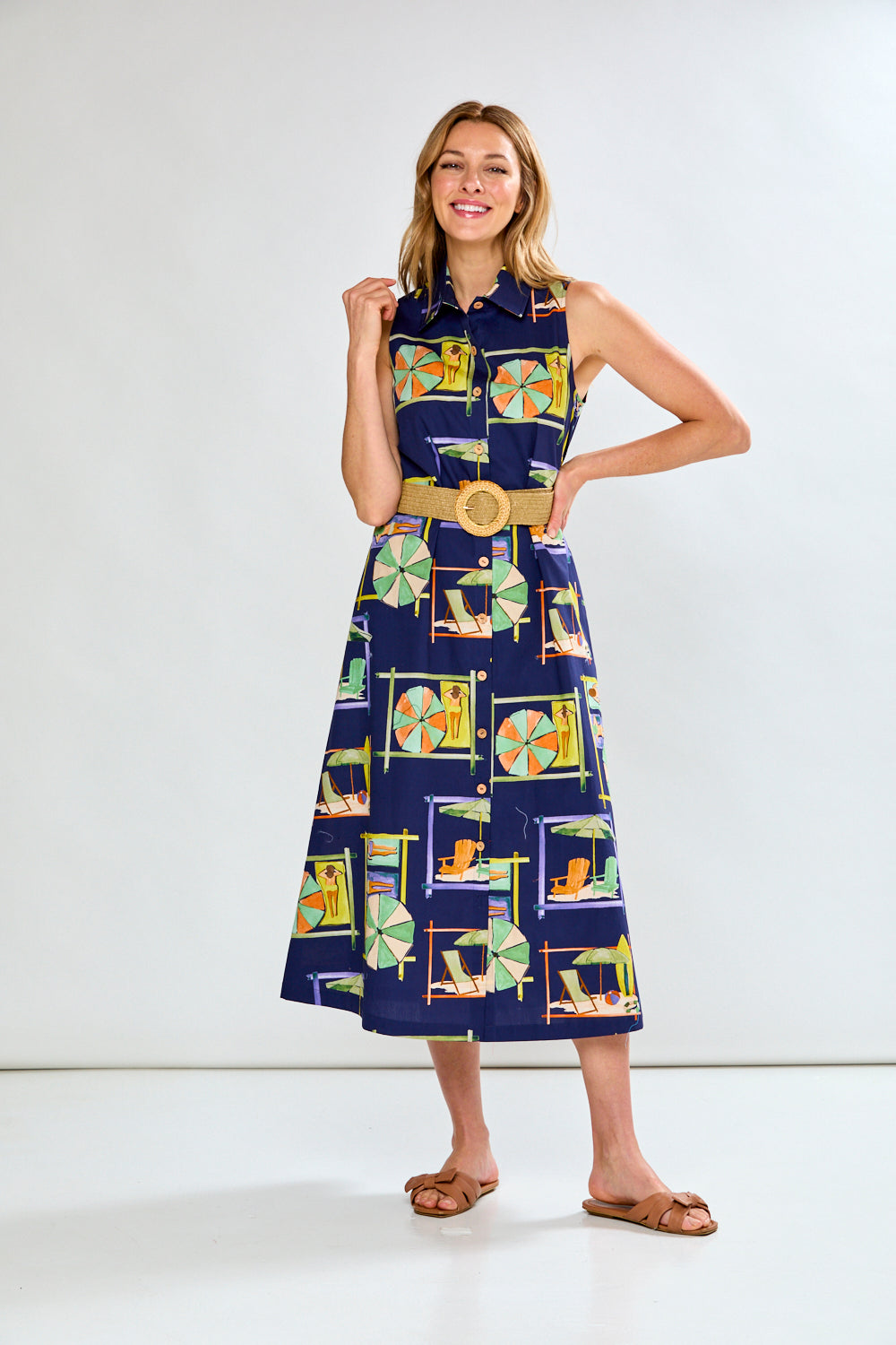 Woman in navy printed dress