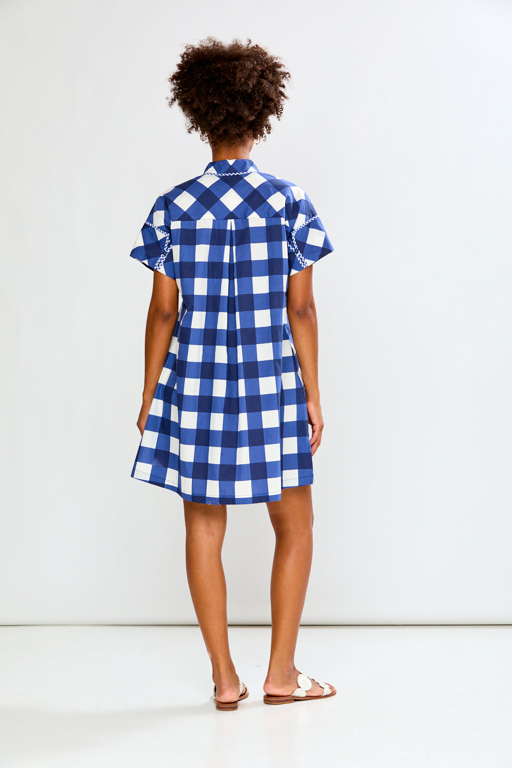 Person wearing a blue and white checkered dress against a white background