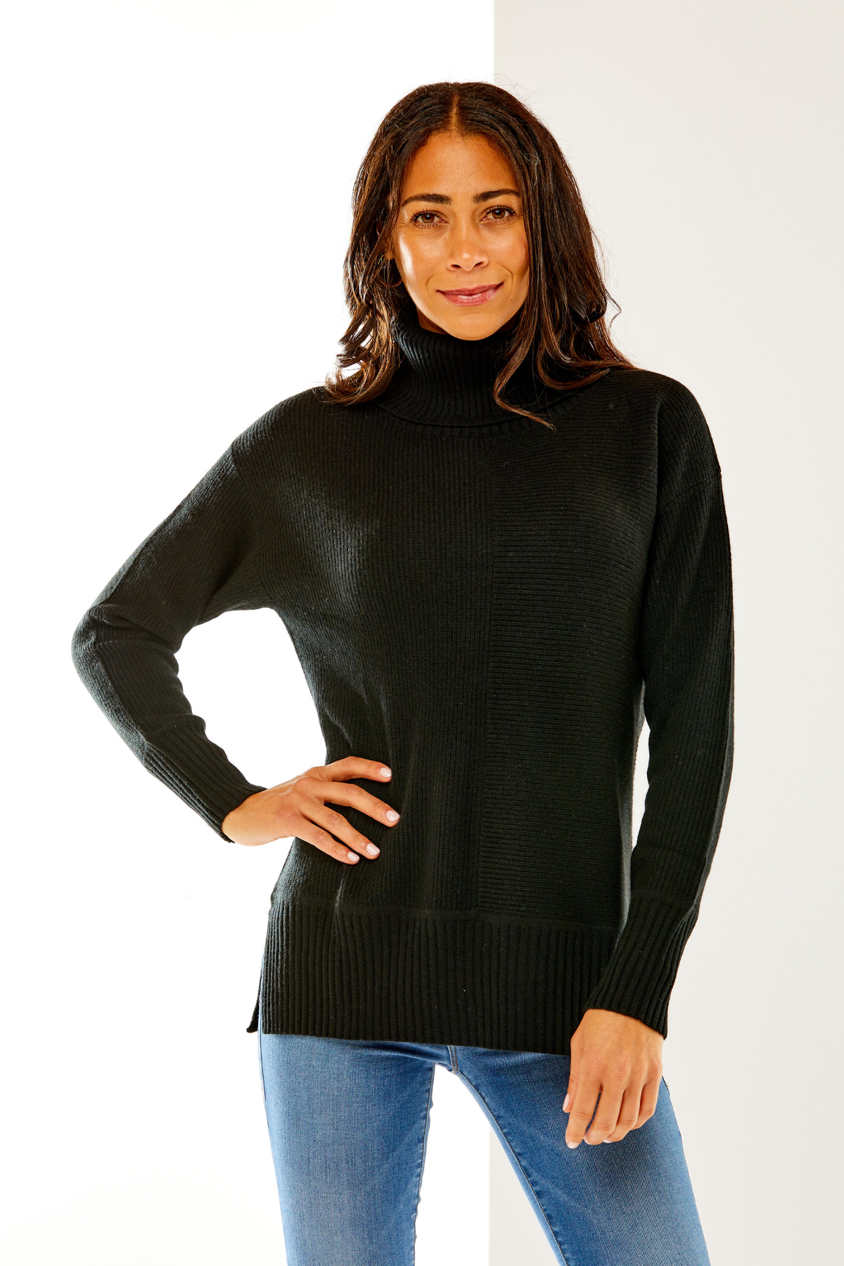 Woman in black mix rib tunic