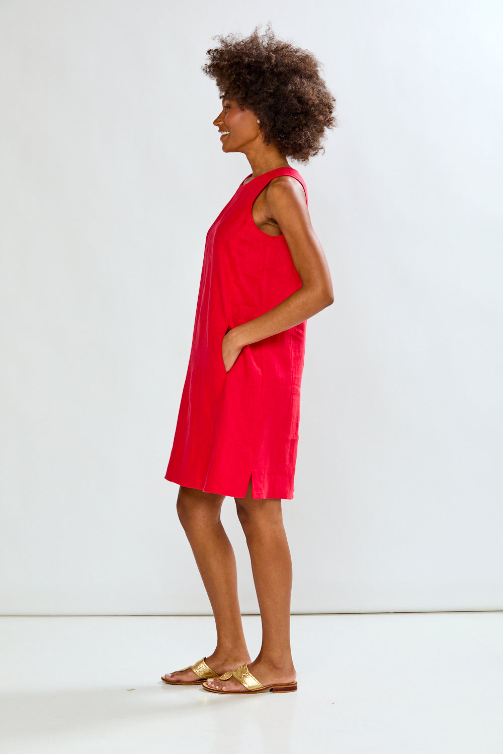 Woman in red linen dress