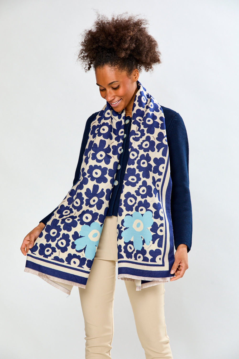 Woman in navy floral scarf