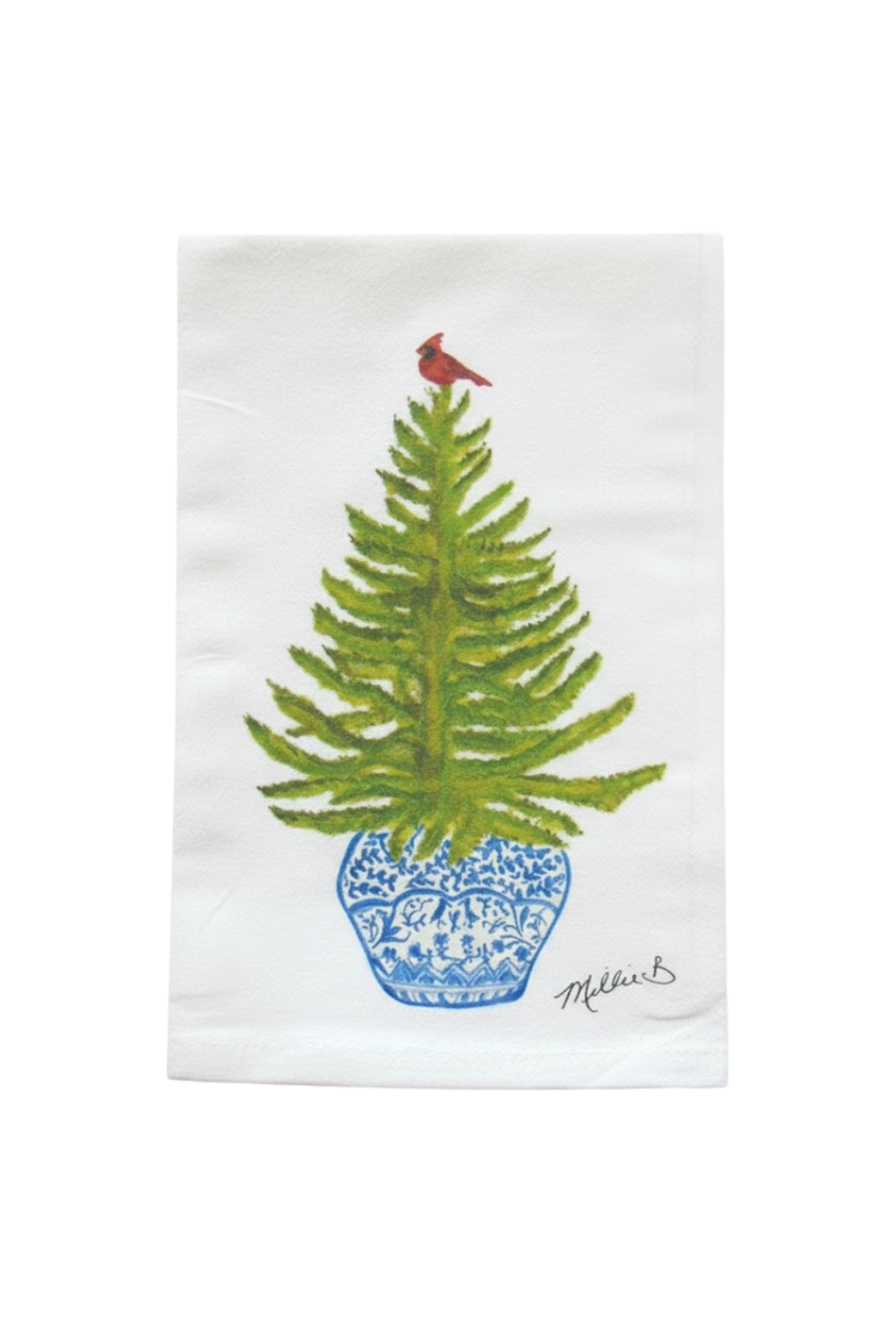 Tea towel with a design of a green tree in a blue pot and a red bird on a white background